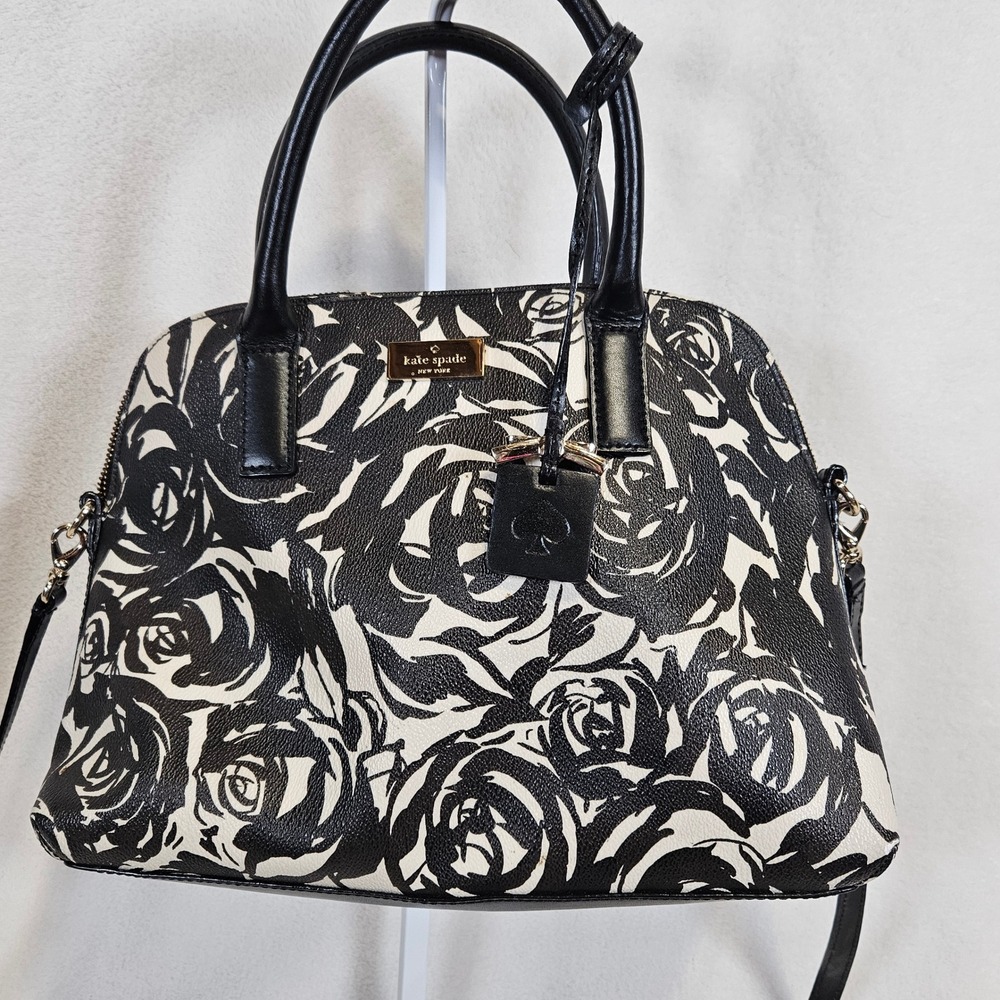 Kate Spade Rose Floral Print Satchel Black White Rachel Crossbody Bag